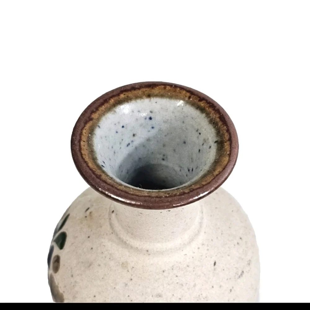 Collectible Mexican Tonala Brown Hand Painted Pottery Vase Floral Design